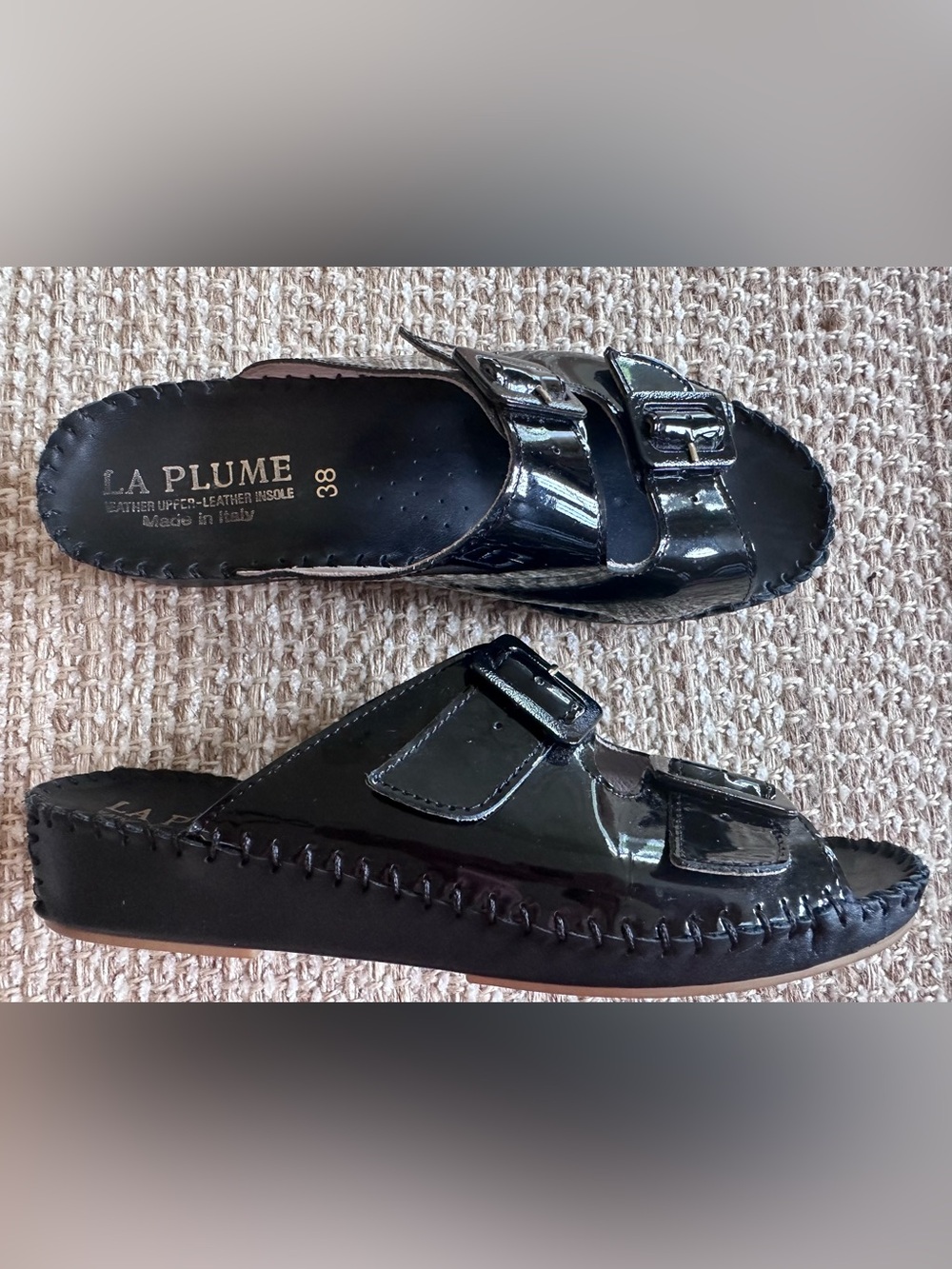 La Plume womens 38 (7.5 - 8) JEN Black PATENT SLIDE Slip On SANDALS Leather